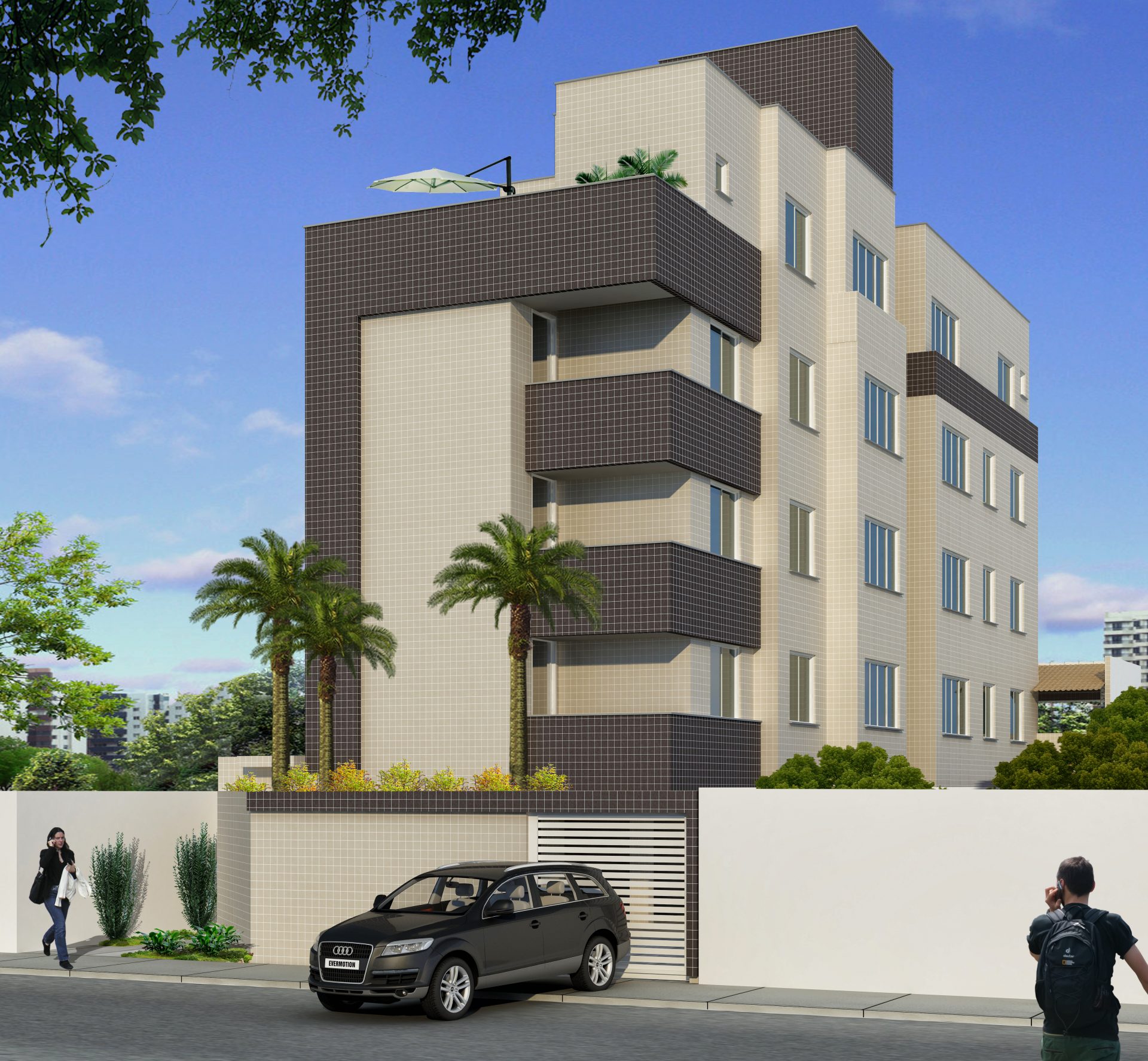 Perspectiva 3D de edifício residencial com fachada em pastilha marrom e bege